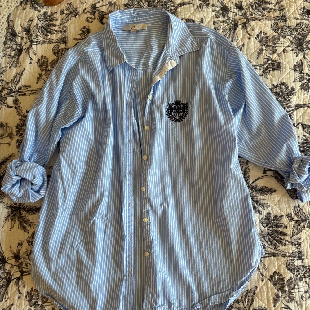 LOFT Women’s Embroidered Blue Striped Long Button Down Shirt